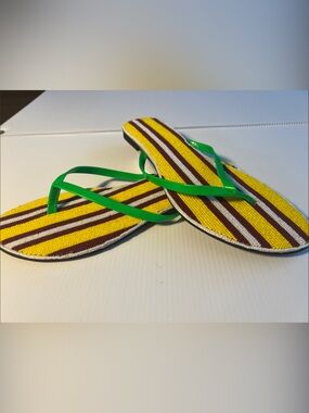Striped Yellow & Brown Womens Flip Flops with Green Straps
